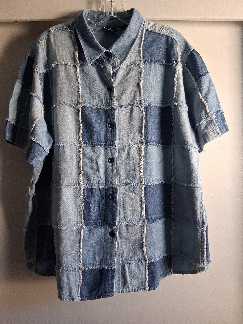 Vintage Denim Patchwork Button Front Short Sleeve Shirt 18/20